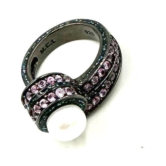 MCL Matthew Campbell Laurenza Ring Pearl Sapphire Enamel Black Rhodium Silver 7 - Picture 13 of 13